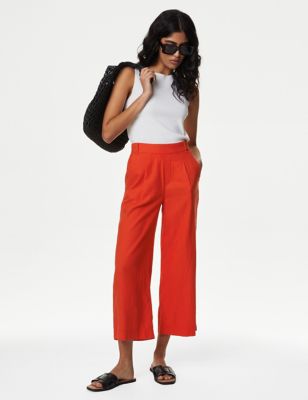 

Womens M&S Collection Linen Rich Wide Leg Cropped Trousers - Flame, Flame