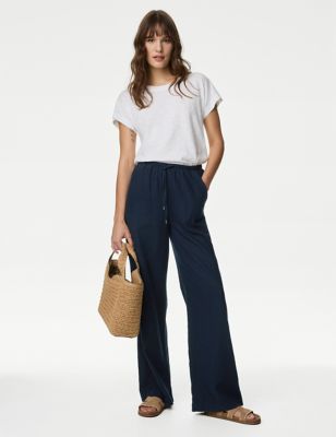 M&S Womens Linen Blend Wide Leg Trousers - 8SHT - Navy, Navy,Oatmeal,Bright Blue,Soft White,Ivory Mi