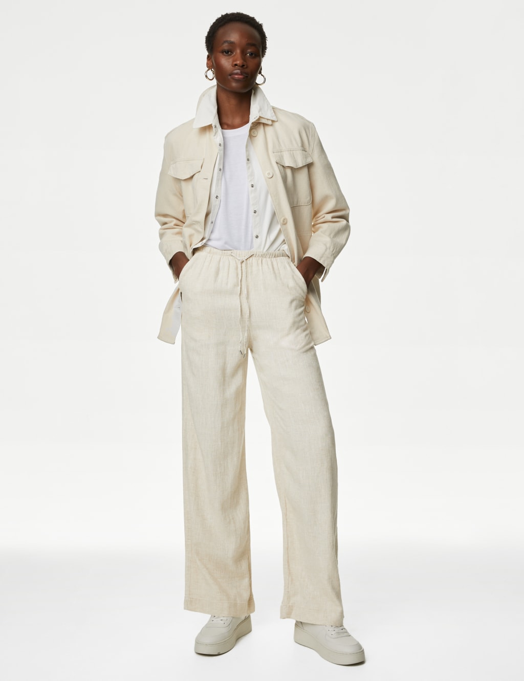 White Linen Blend Wide Leg Trousers