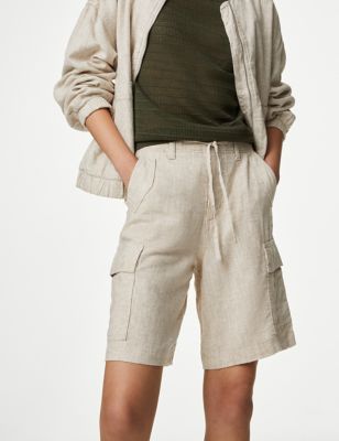 M&S Womens Linen Rich Cargo Utility Shorts - 16 - Oatmeal, Oatmeal,Soft White