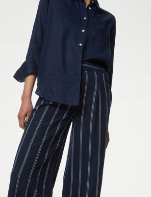 

Womens M&S Collection Linen Rich Striped Cropped Wide Leg Trousers - Navy, Navy