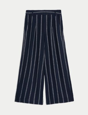 Linen Rich Striped Cropped Wide Leg Trousers