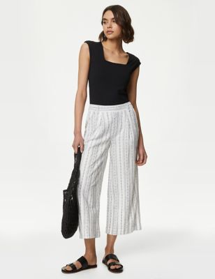 M&S Women's Linen Rich Striped Cropped Wide Leg Trousers - 8 - Ivory Mix, Ivory Mix,Navy
