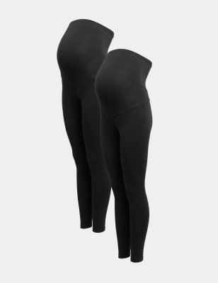 M&S Womens Maternity 2pk Over Bump Leggings - 6REG - Black, Black