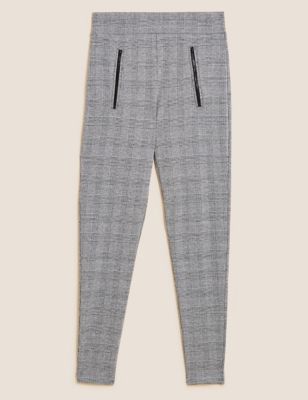 M&S Womens Zip Detail Checked High Waisted Leggings