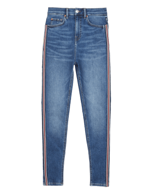 

Womens M&S Collection Skinny-Jeans mit hohem Bund und Besatz an der Seite - Medium Indigo, Medium Indigo