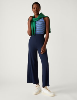 

Womens M&S Collection Jersey Wide Leg Ankle Grazer Trousers - Navy, Navy