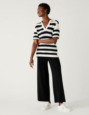 

Womens M&S Collection Jersey Wide Leg Ankle Grazer Trousers - Black, Black