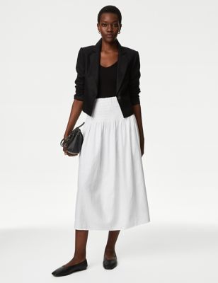 M&S Womens Linen Rich Shirred Midi A-Line Skirt - 8LNG - Soft White, Soft White,Black