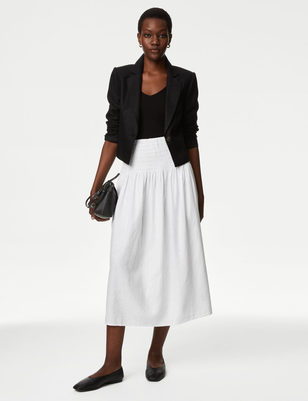 Linen Rich Shirred Midi A-Line Skirt