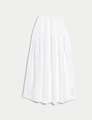 

Womens M&S Collection Linen Rich Shirred Midi A-Line Skirt - Soft White, Soft White
