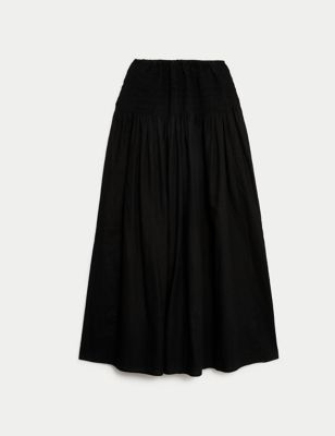 Linen Rich Shirred Midi A-Line Skirt