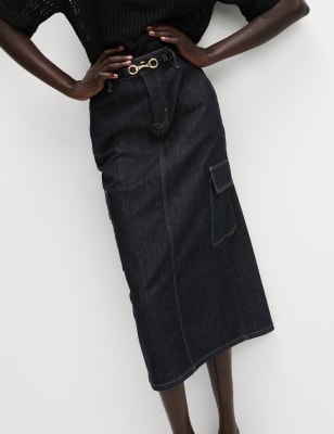 M&S Womens Denim Midi Cargo Skirt - 8 - Indigo Mix, Indigo Mix