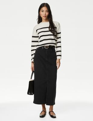M&S Womens Denim Midi Skirt - 8SHT - Black, Black,Light Indigo,Medium Indigo,Ecru