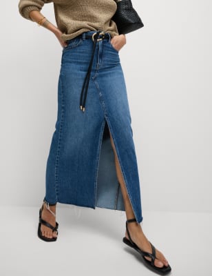 Denim Split Front Maxi Skirt - US