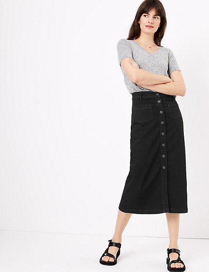 Denim Button Front Midi Skirt