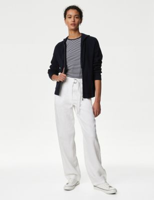M&S Womens Pure Linen Straight Leg Trousers - 10REG - Soft White, Soft White,Black