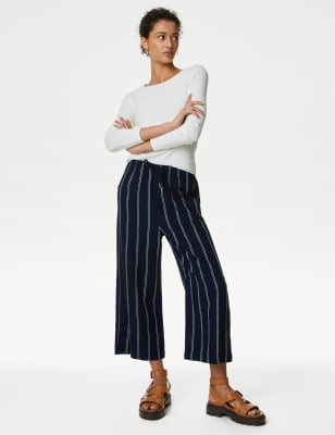 

Womens M&S Collection Linen Rich Wide Cropped Leg Trousers - Navy Mix, Navy Mix