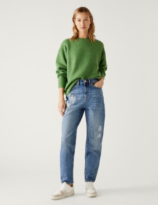 

Womens M&S Collection Knöchellange Mom-Jeans mit Stickerei - Med Blue Denim, Med Blue Denim