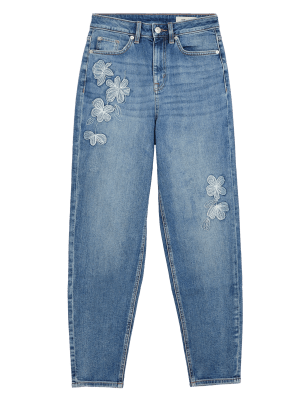 

Womens M&S Collection Knöchellange Mom-Jeans mit Stickerei - Med Blue Denim, Med Blue Denim