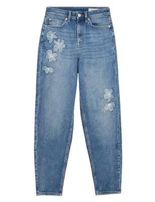 

Womens M&S Collection Mom Embroidered Ankle Grazer Jeans - Med Blue Denim, Med Blue Denim