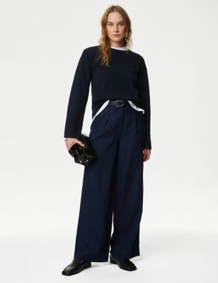 M&S Womens Pure Linen Wide Leg Trousers - 20REG - Navy, Navy,Soft White,Black,Conker,Onyx,Natural Be