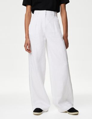 M&S Women's Pure Linen Wide Leg Trousers - 22REG - Soft White, Soft White,Black,Onyx,Natural Beige,N