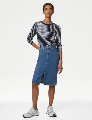 

Womens M&S Collection Knielanger Denim-Rock mit Schlitz vorne - Dark Indigo, Dark Indigo