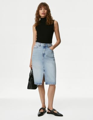 

Womens M&S Collection Denim Split Front Knee Length Skirt - Medium Indigo, Medium Indigo