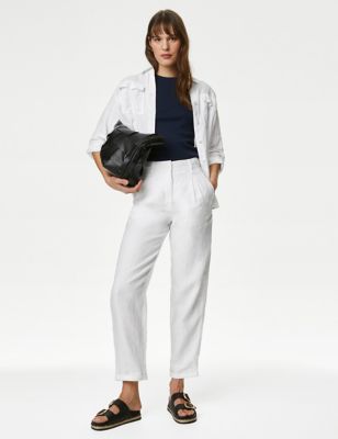 M&S Womens Pure Linen Tapered Trousers - 8SHT - Soft White, Soft White,Navy,Black,Natural Beige,Conk