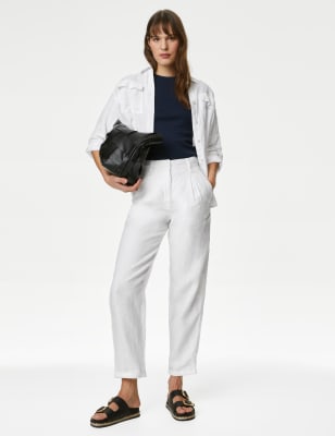 M&S Womens Pure Linen Tapered Trousers - 6REG - Soft White, Soft White,Navy,Black,Natural Beige,Conk