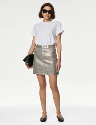 M&S Womens Denim Foil Metallic Mini Skirt - 24 - Bronze, Bronze,Indigo