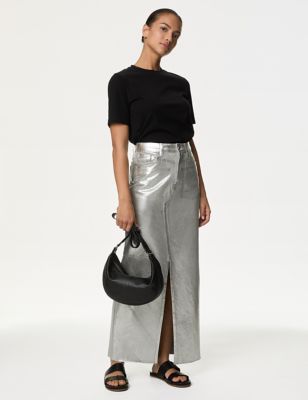 M&S Womens Denim Foil Metallic Maxi Skirt - 6SHT - Silver, Silver