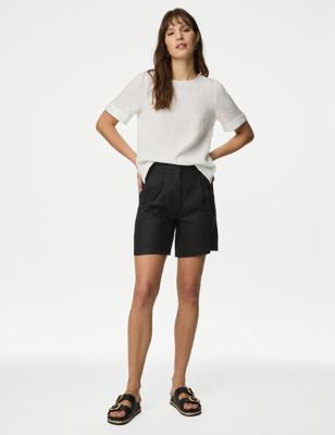 M&S Womens Pure Linen High Waisted Shorts - 24 - Black, Black,Natural Beige,Navy,Soft White