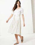 Pure Linen Checked A-Line Midi Skirt