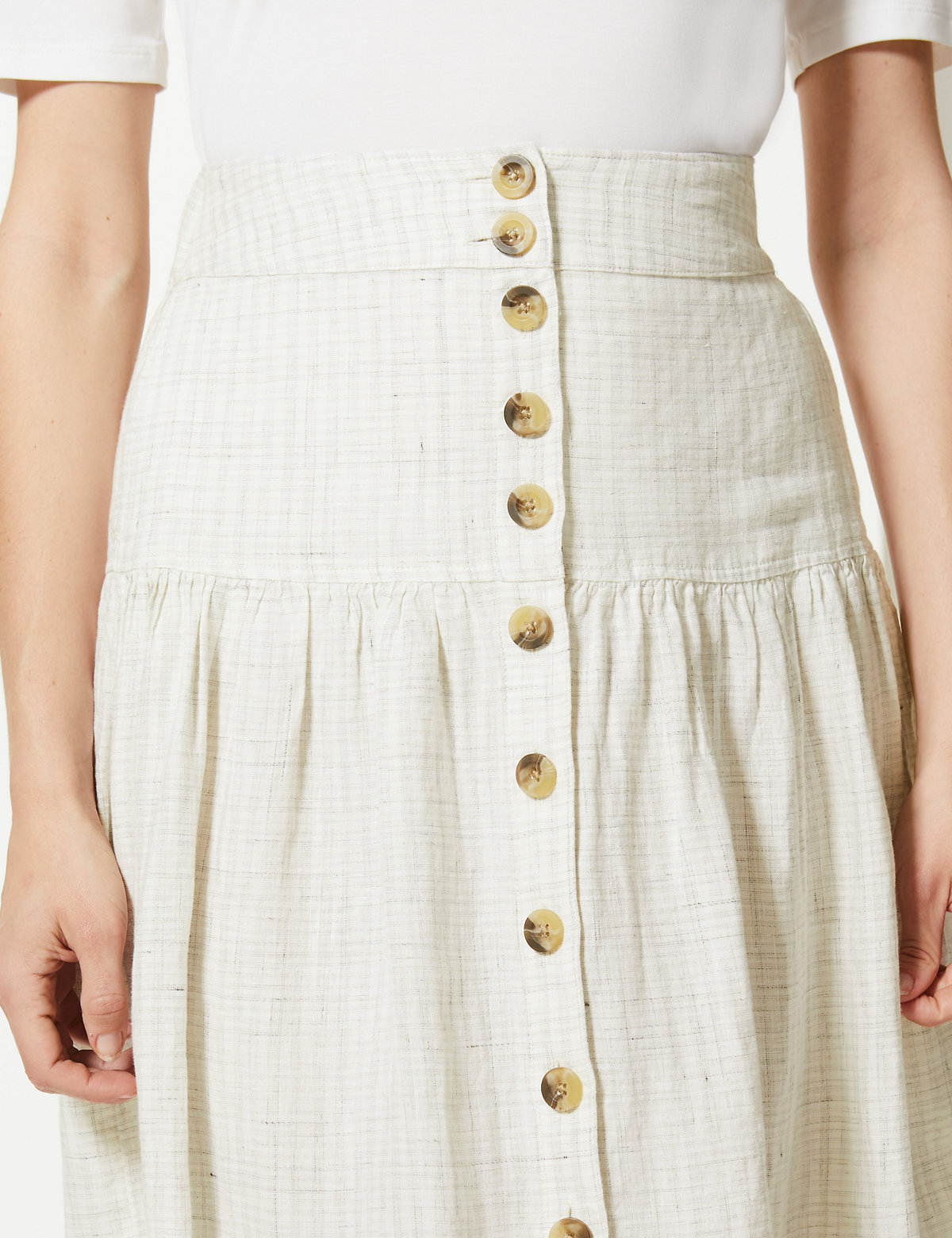 Pure Linen Checked A-Line Midi Skirt