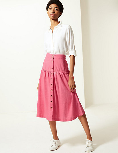 Linen Rich Button Detailed A-Line Midi Skirt