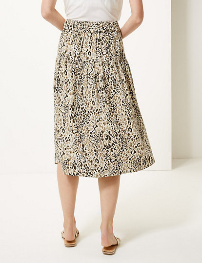 Linen Rich Animal Print A-Line Midi Skirt