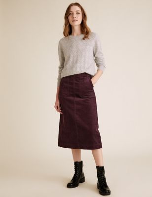 Cotton Rich Cord Midi A-Line Skirt - SA