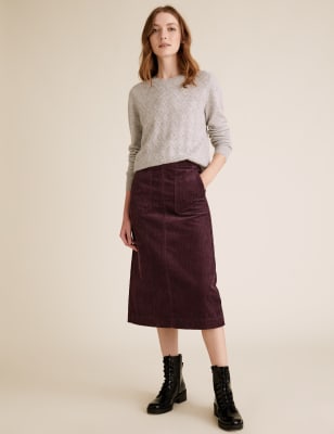 Cotton Rich Cord Midi A-Line Skirt - LU