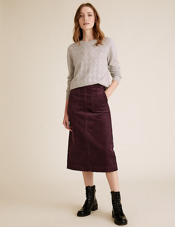 Cotton Rich Cord Midi A-Line Skirt - QA