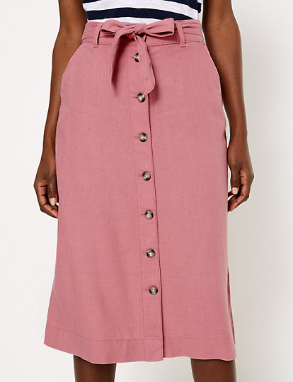 Linen Button Front Midi A-Line Skirt