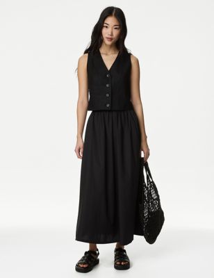 M&S Womens Pure Cotton Midi Skirt - 10LNG - Black, Black,White