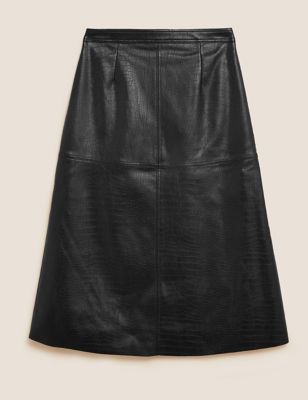 M&S Womens Faux Leather Croc Midi A-Line Skirt