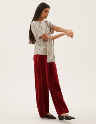 

Womens M&S Collection Velvet Wide Leg Trousers - Deep Red, Deep Red
