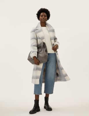 

Womens M&S Collection Wool Blend Textured Checked Coat - Grey Mix, Grey Mix