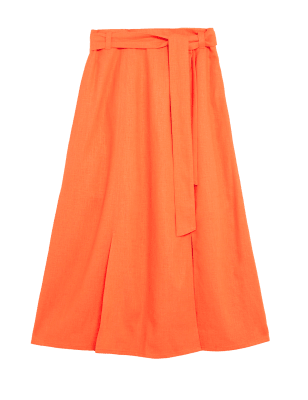 

Womens M&S Collection Linen Blend Side Split Midi A-Line Skirt - Tangerine, Tangerine