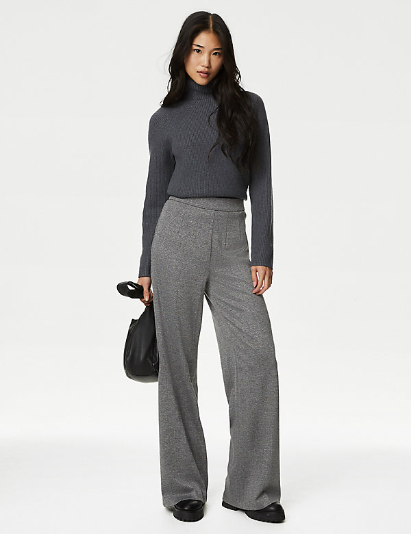 Jersey Checked Wide Leg Trousers - BE