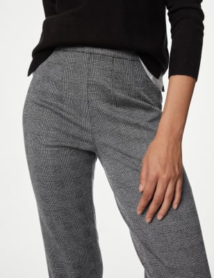 M&S Women's Jersey Checked Slim Fit Trousers - 6LNG - Grey Mix, Grey Mix