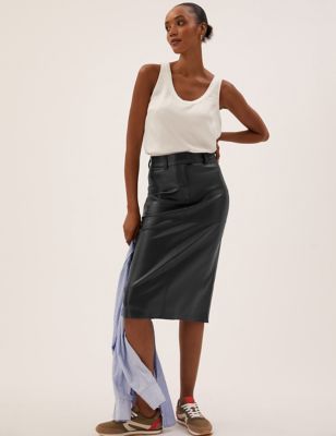 Faux Leather Midi A-Line Skirt